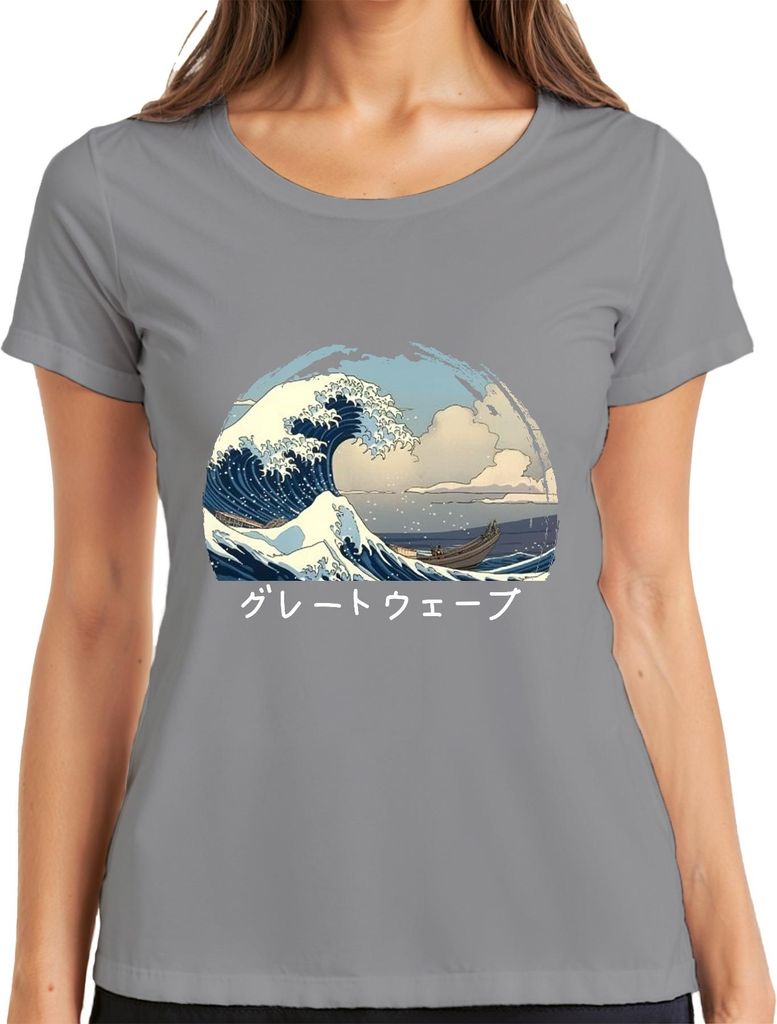 グレートウェーブ Hokusai Welle Japanische Ukiyoe Meer Boot Anime Manga Damen T-Shirt, Grau, 3XL