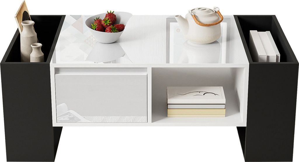 Moderner Couchtisch 105 x 60 x 40,5 cm – Schwarz-Weiß-Design mit hochglänzender Oberfläche, Schublade und 4 offenen Fächern