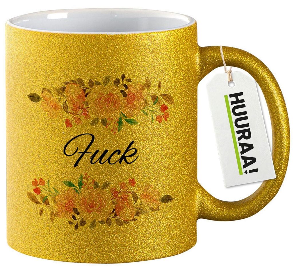 Huuraa Glitzertasse Fuck englisch Blumen 330ml Gold Keramik Kaffeebecher Geschenkidee