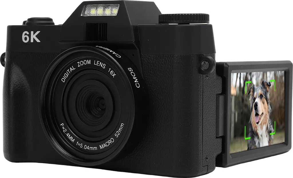 Fotocamera mirrorless, registrazione video 6K, autofocus, zoom digitale 16x, schermo ribaltabile da 3,0 pollici, nero