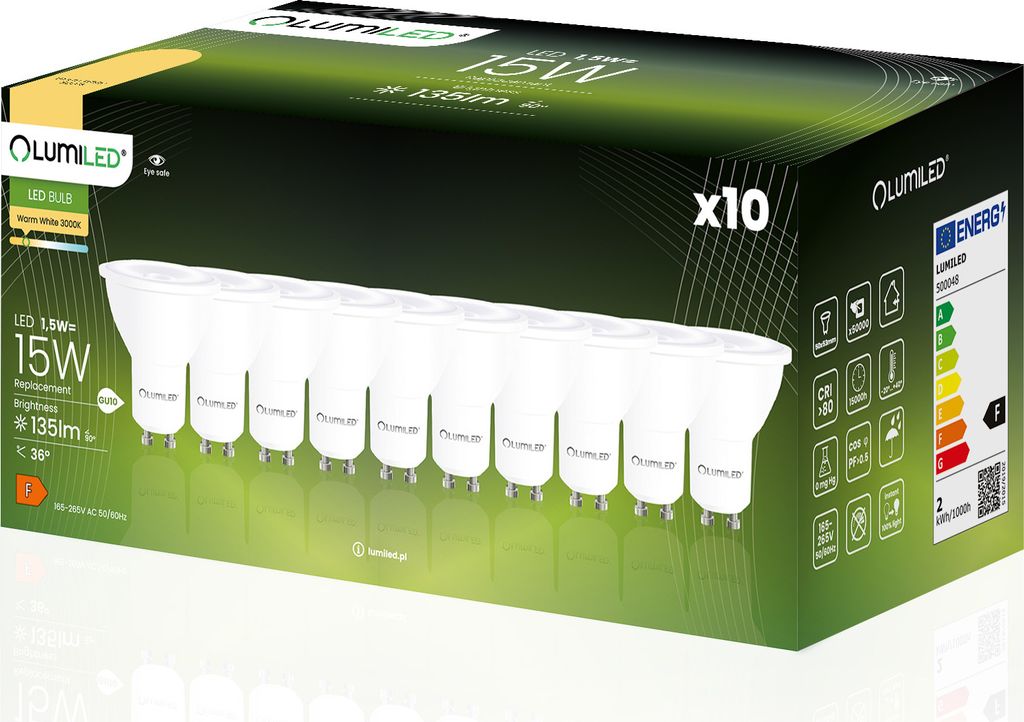 10x Żarówka LED GU10 Reflektor PAR16 1,5W = 15W 135lm 3000K Zdjęcie produktu 