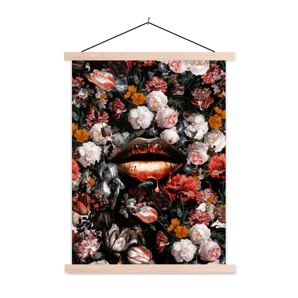 MuchoWow Textilposter Lippen - Blumen - Farbe - Orange - Kunst - Abstrakt - Alte Meister 60x80 cm mit holzfarbenen Rahmen - Wandbild