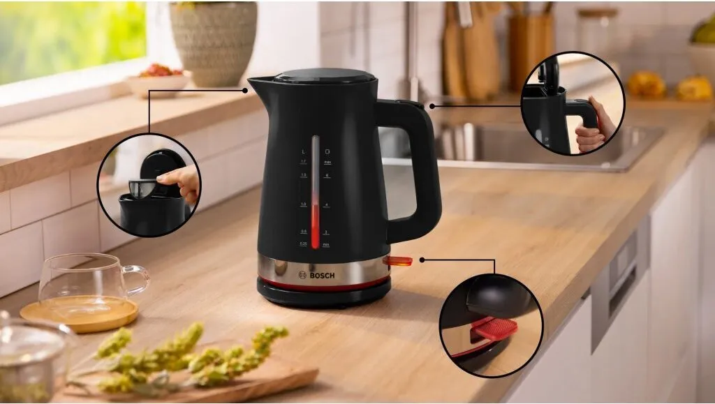 Bouilloire rapide 2400W Bosch TWK4M223 Noir avec triple sécurité d'arrêt