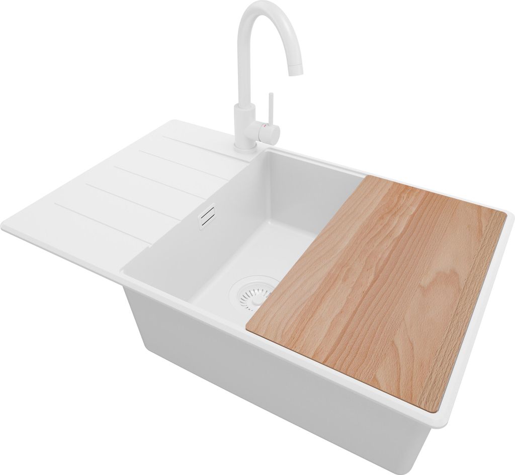 PRIMAGRAN Granitspüle Alles Weiß 78x50cm, Spülbecken 1 Becken + Ablauf-Set + Küchenzubehörset, Küchenspüle ab 60er Unterschrank - Kopenhagen