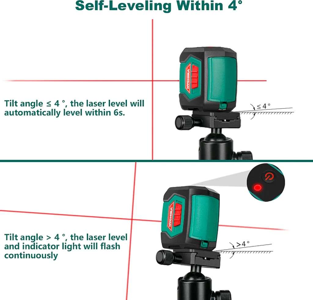 Niveau laser en croix vert Hychika LL2R10C, 15m, autonivelant avec support