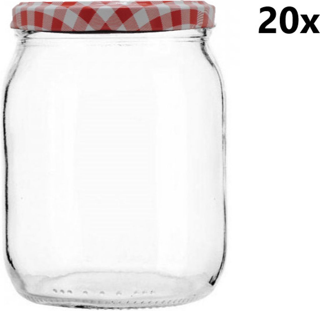 A clear glass jar with a red and white checkered lid, set against a white background. The text '20x' is visible in the upper right corner.