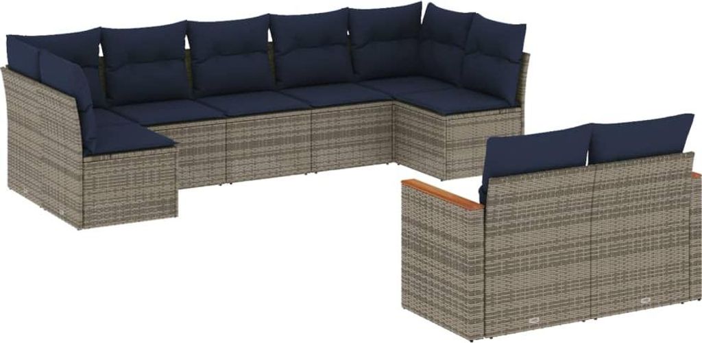 9-teiliges Gartensofa-Set mit Kissen, grau, Polyrattan