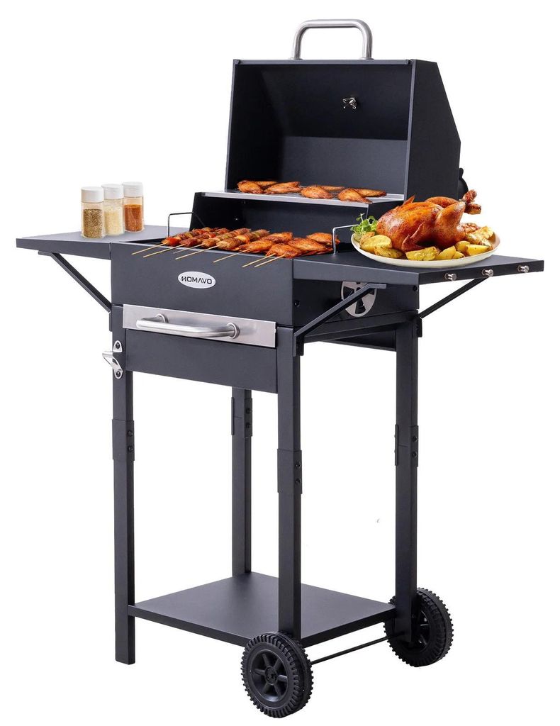 Holzkohlegrill - BBQ1 - Emaillierter Grillrost - Grillfläche 45×32 cm - Warmhalterost 46×10 cm - Thermometer - Seitentisch & Räder - Ohne Abdec...