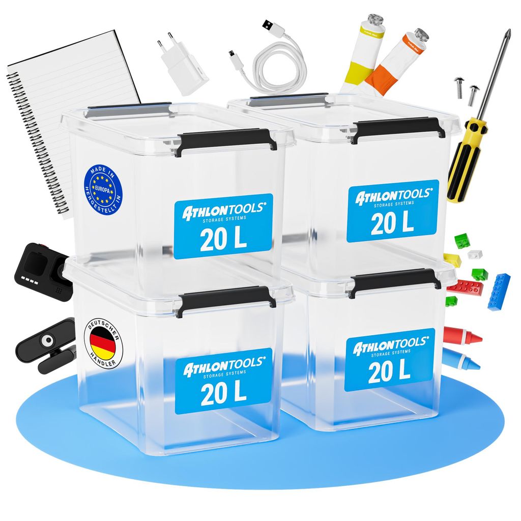 4x 20L Aufbewahrungsboxen mit Deckel transparent – 100% Neumaterial - Stapelbare Plastik-Boxen – Lagerboxen BPA Frei