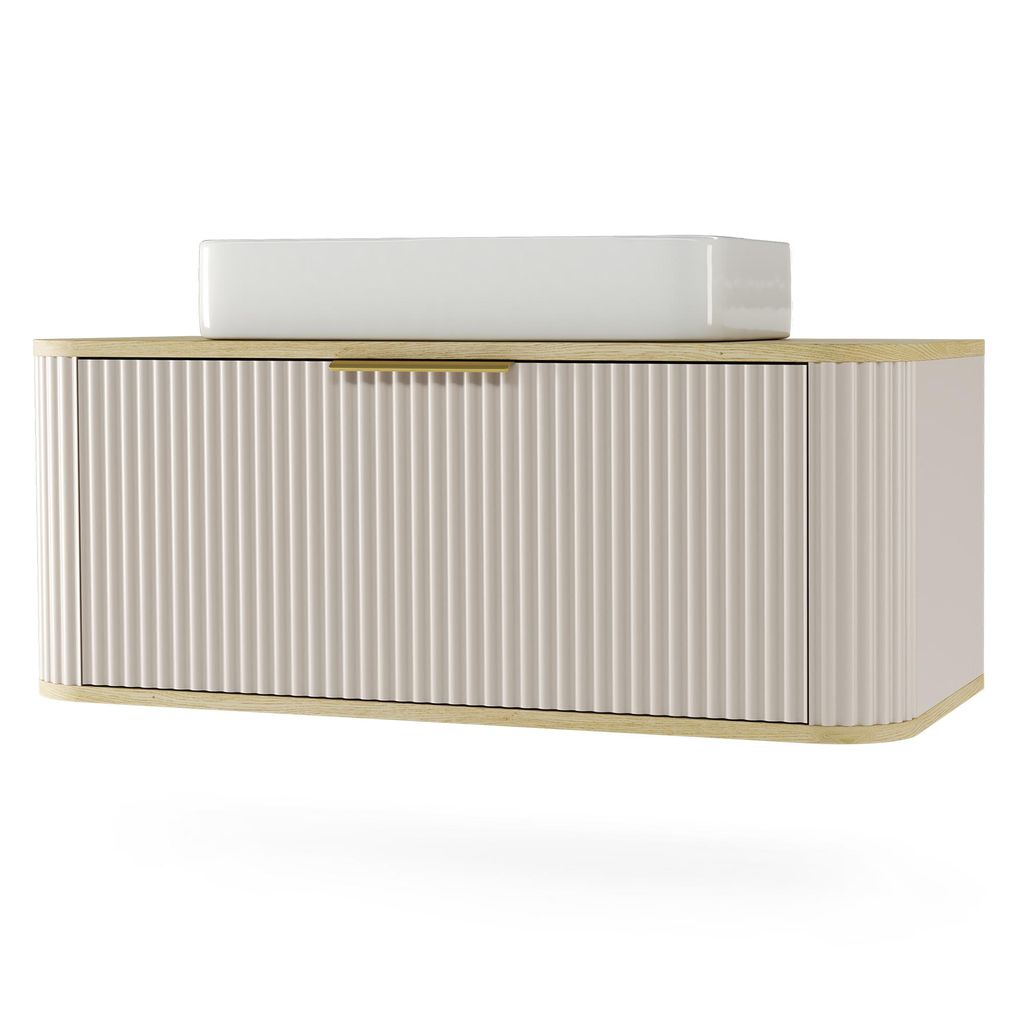 Waschbeckenunterschrank mit Keramik Waschbecken RIVELA 80 x 40 x 46 cm, Kaschmir Eiche Cremona geriffelter Front Badezimmer Softclose Badmöbel