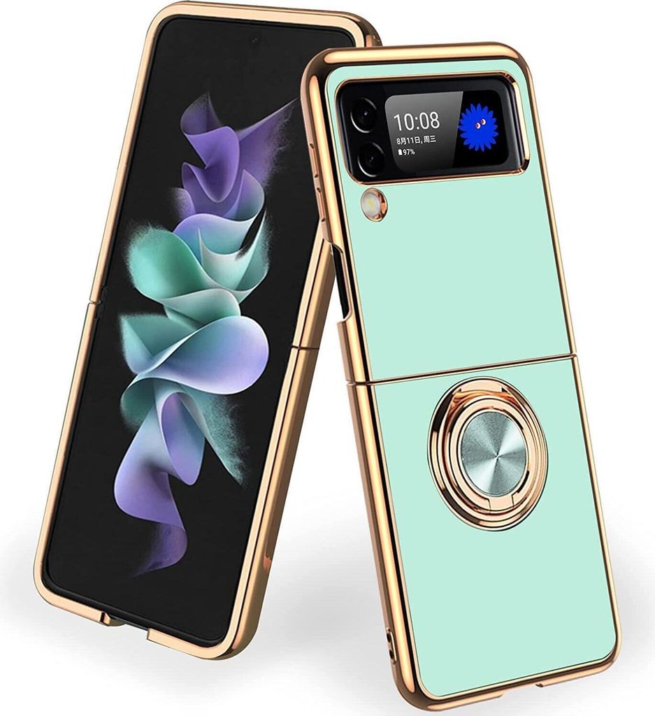 Schutzhülle für Samsung Galaxy Z Flip 4 5G mit Ringhalter, Ständer, Stoßfest Weich TPU Galvanisiert Hülle hellgrün