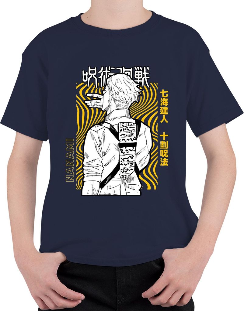 Jujutsu Kaisen Nanami Kento Anime Manga Anzug Retro Gelb Schwarz Uni Kinder T-Shirt, Navy, 152