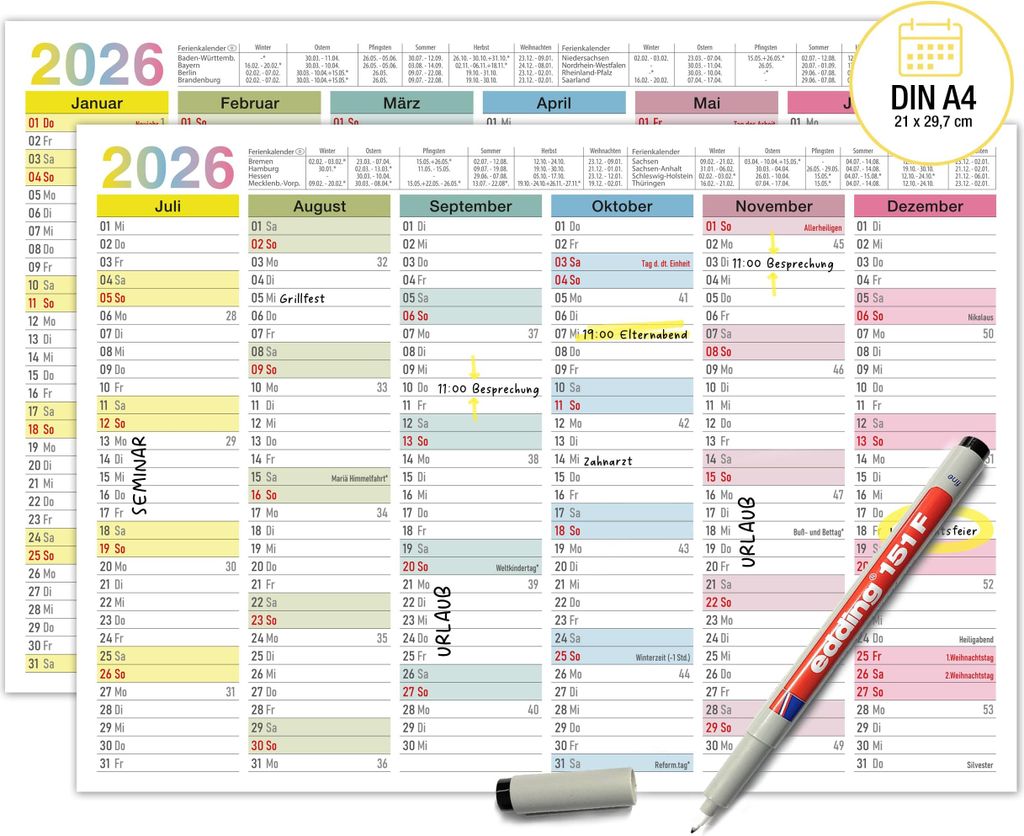 Abwischbarer Wandkalender 2026 A4 - "Bunt" Jahresplaner 2026 abwischbar, inkl. Stift. Tafelkalender 2026, Robuster Kalender A4