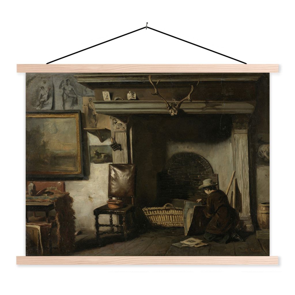 MuchoWow Textilposter Das Atelier von Pieter Frederik van Os, einem Maler aus Haarlem - Gemälde von Anton Mauve 120x90 cm mit holzfarbenen Rahme...