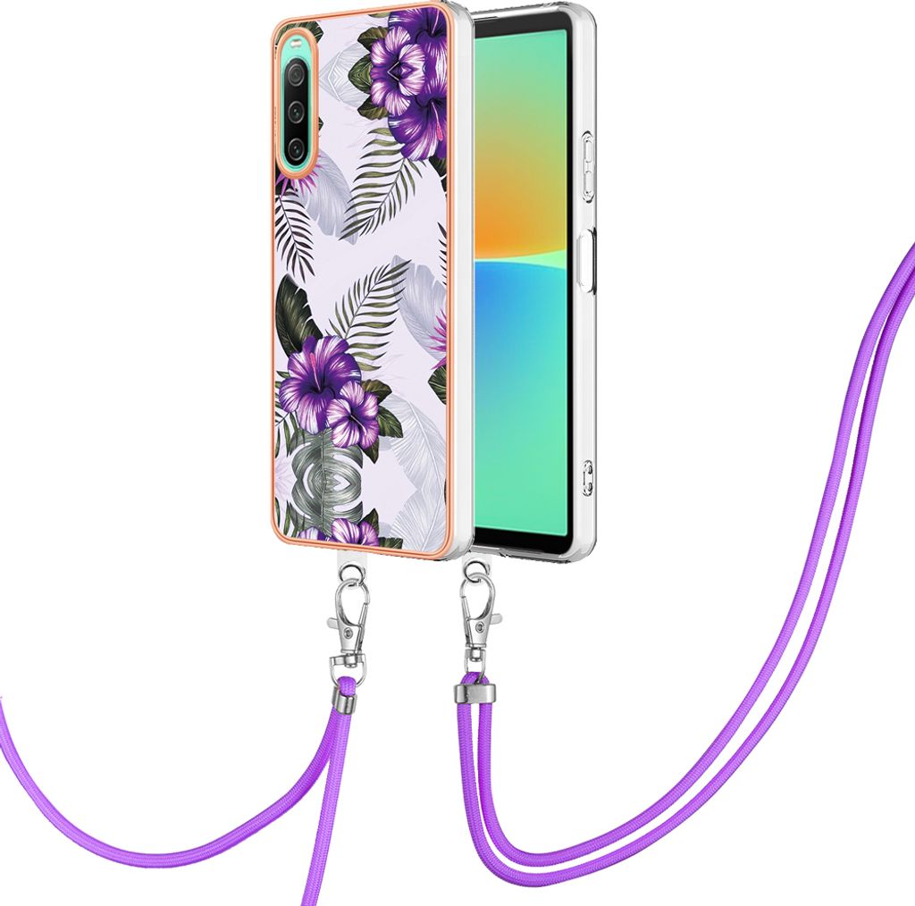 Handykette Hülle für Sony Xperia 10 IV Muster TPU Schutzhülle mit verstellbarem Tragegurt Lila