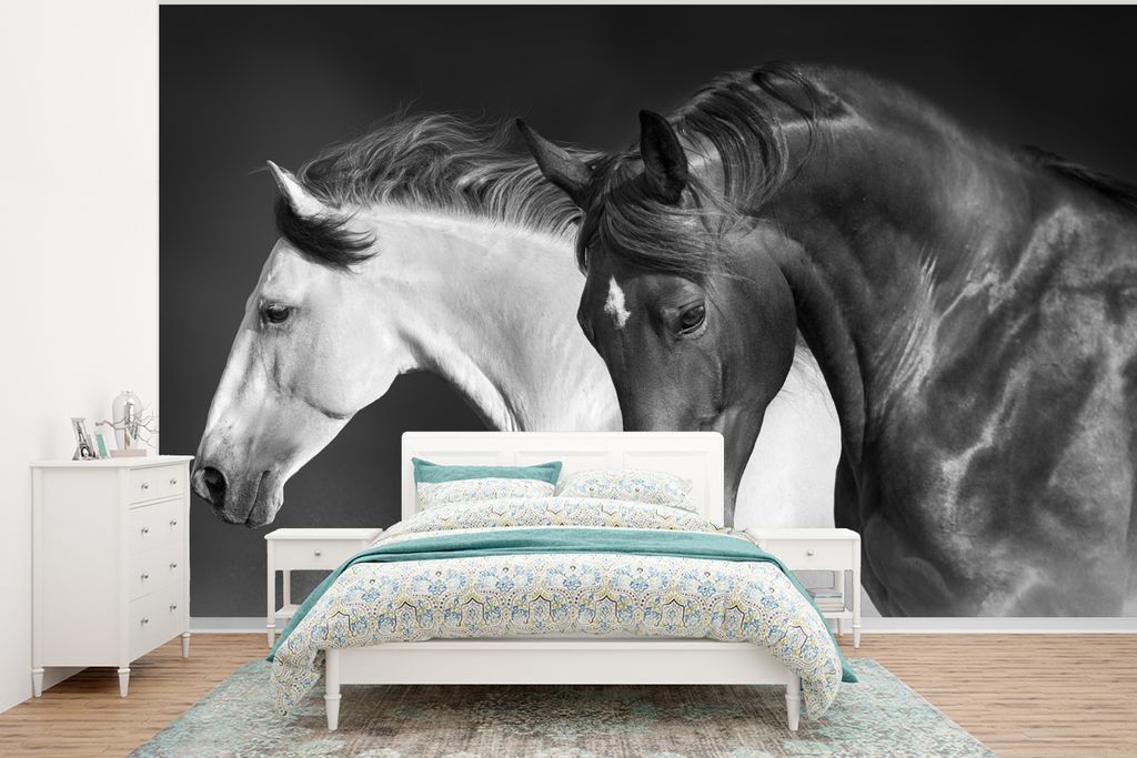 MuchoWow Fototapete für Wohnzimmer oder Schlafzimmer Wandtapete Vinyl Motivtapete Pferde - Tiere - Schwarz - Weiß - Porträt - 320x240 cm - Tap...