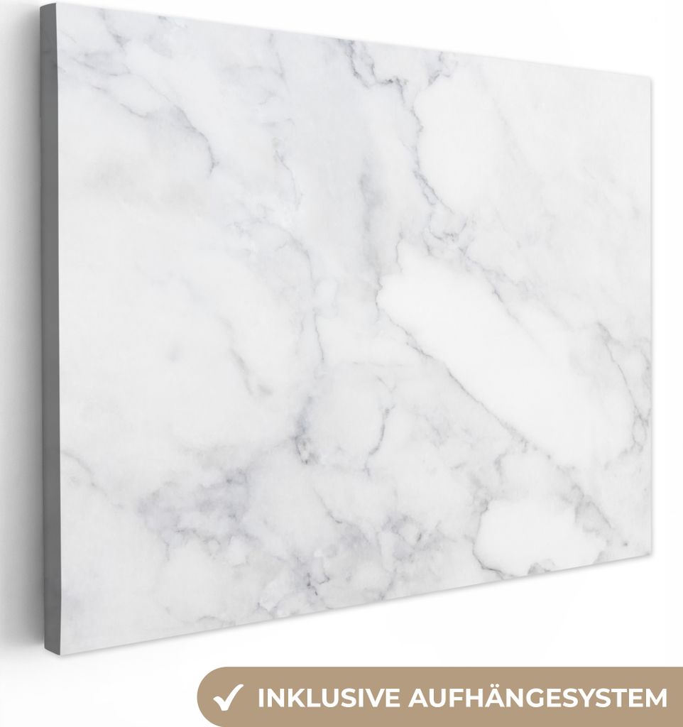 MuchoWow - Leinwandbilder - Marmor - Weiß - Grau - Luxus - Marmoroptik - Stein, Wandbild, Wanddeko Bilder Wohnzimmer, 80x60 cm