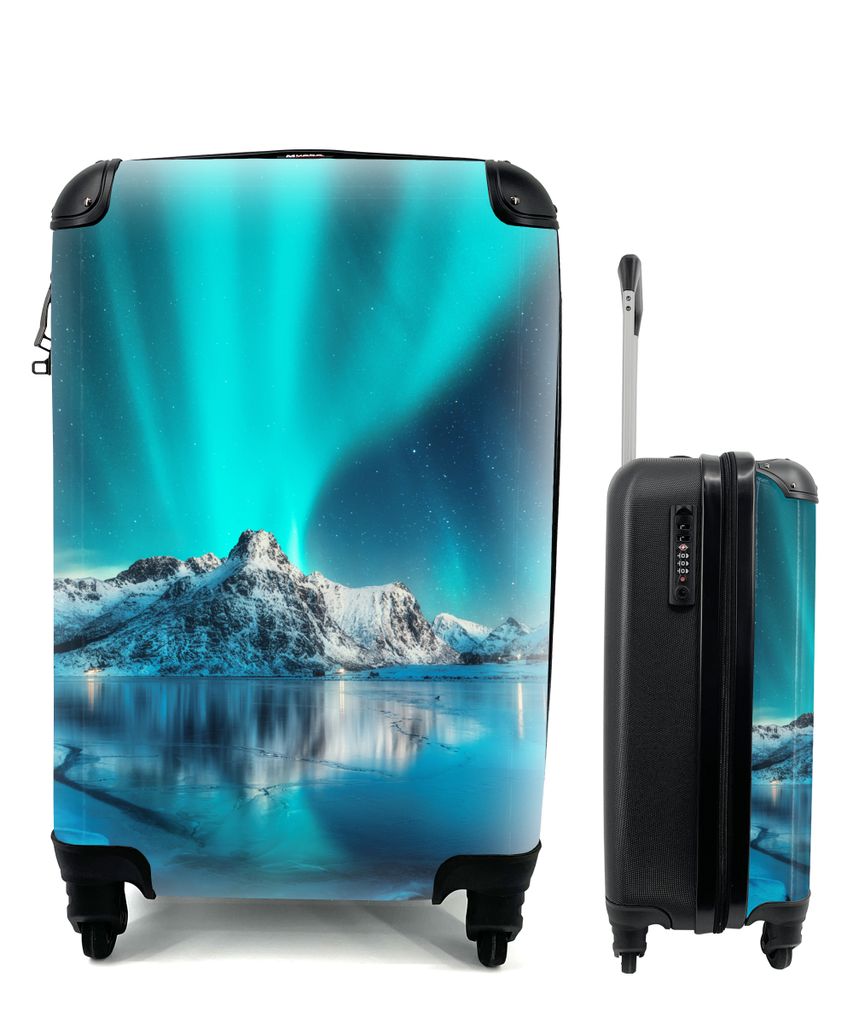 MuchoWow Koffer Handgepäck Trolley Rollkoffer Kleine Reisekoffer mit 4 Rollen - Nordlicht - Eis - Schnee - Norwegen - Blau - Berge - Cabin Size ...