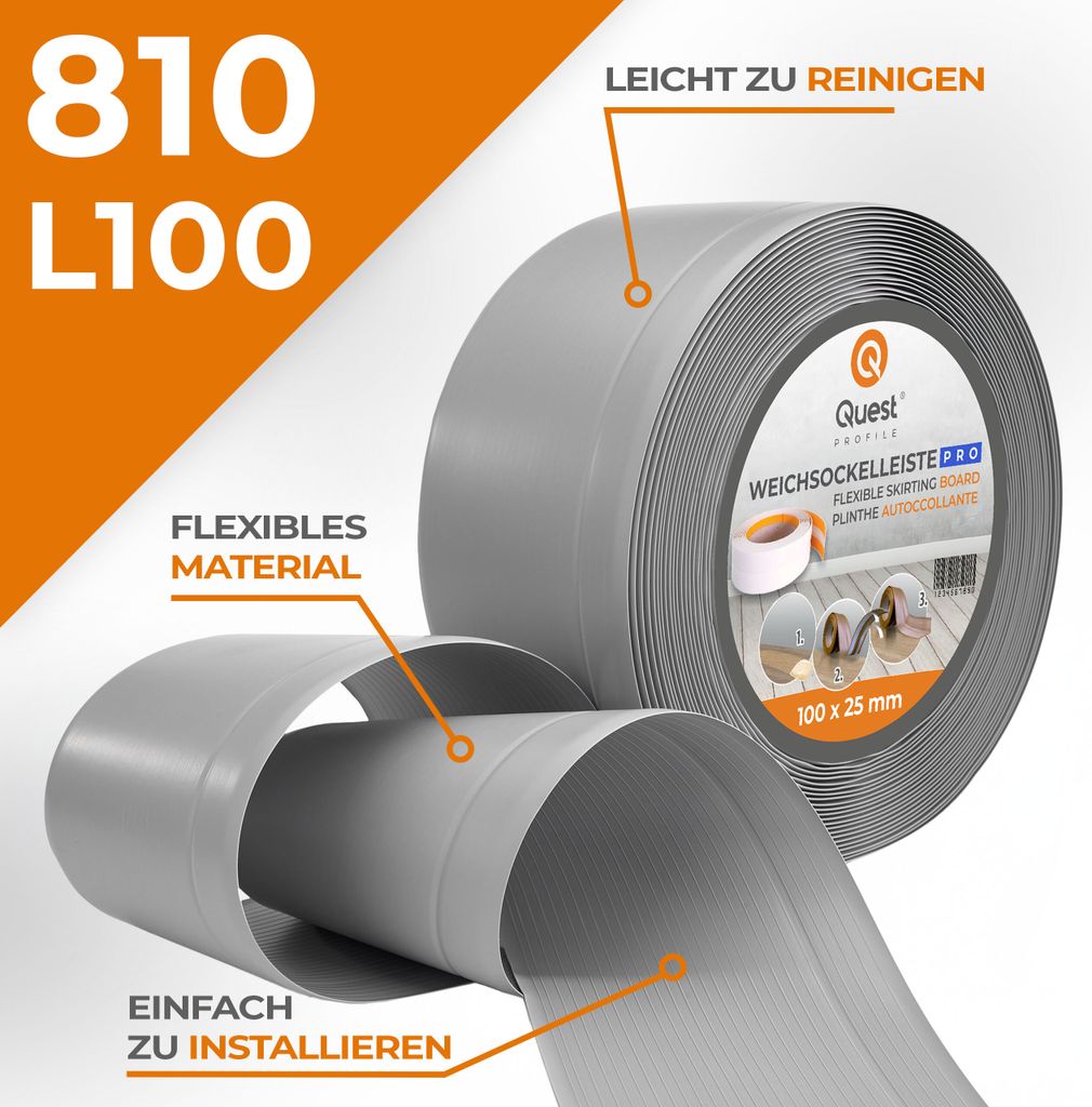 QUEST Weichsockelleiste ohne Klebeband 100x25mm, 5m, PVC Sockelleiste, Breite Knickleiste für Wände, Boden, Flexibel, Dekorativ, UV-beständig, grau