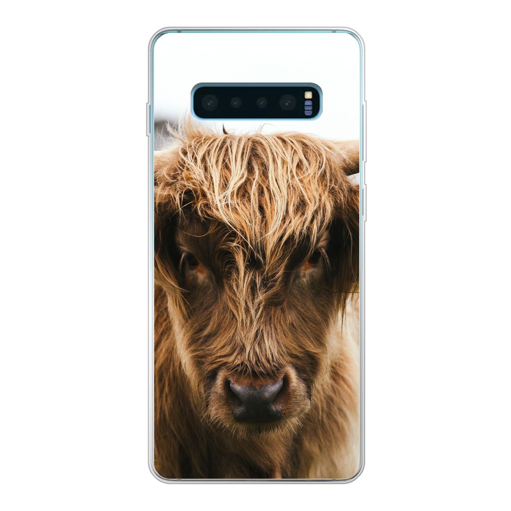 MuchoWow Handyhülle Schutzhülle Hülle für Samsung Galaxy S10 Plus Schottischer Highlander - Kuh - Gras - Tiere - Natur Silikon Softcase Handy...