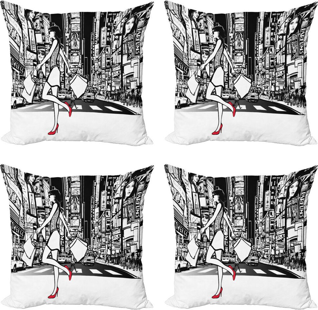 ABAKUHAUS Schwarz und weiß Kissenbezug Set (4 Stück), Shopper Mädchen NYC, Moderner Doppelseitiger Digitaldruck, 45 cm x 45 cm, Schwarz und weiß