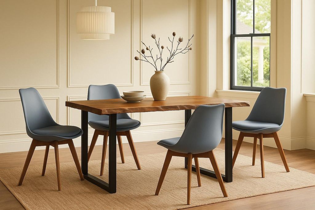 5 TLG. Essgruppe Josy | Esstisch mit 4 Stühlen | 140x80 cm mit Baumkante | Holz Nussbaum-Optik | 40 mm Platte | U-Gestell Schwarz | 4X Schalenstuh...