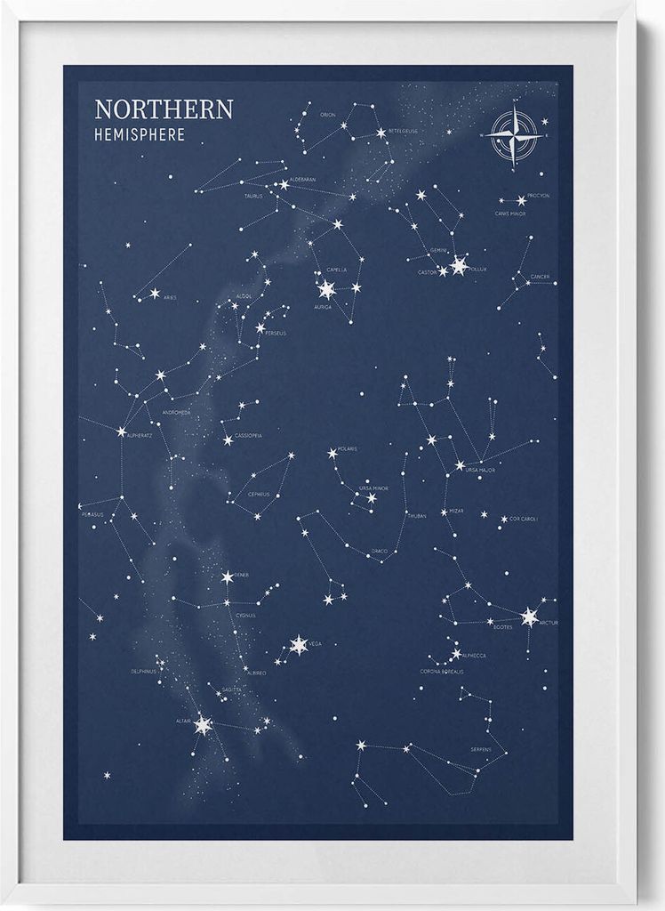 Illustration von Sternbildern am Himmel der nördlichen Hemisphäre– Wandbild mit Rahmen – Gerahmtes Bild – Wanddekoration – 70x100 cm –...