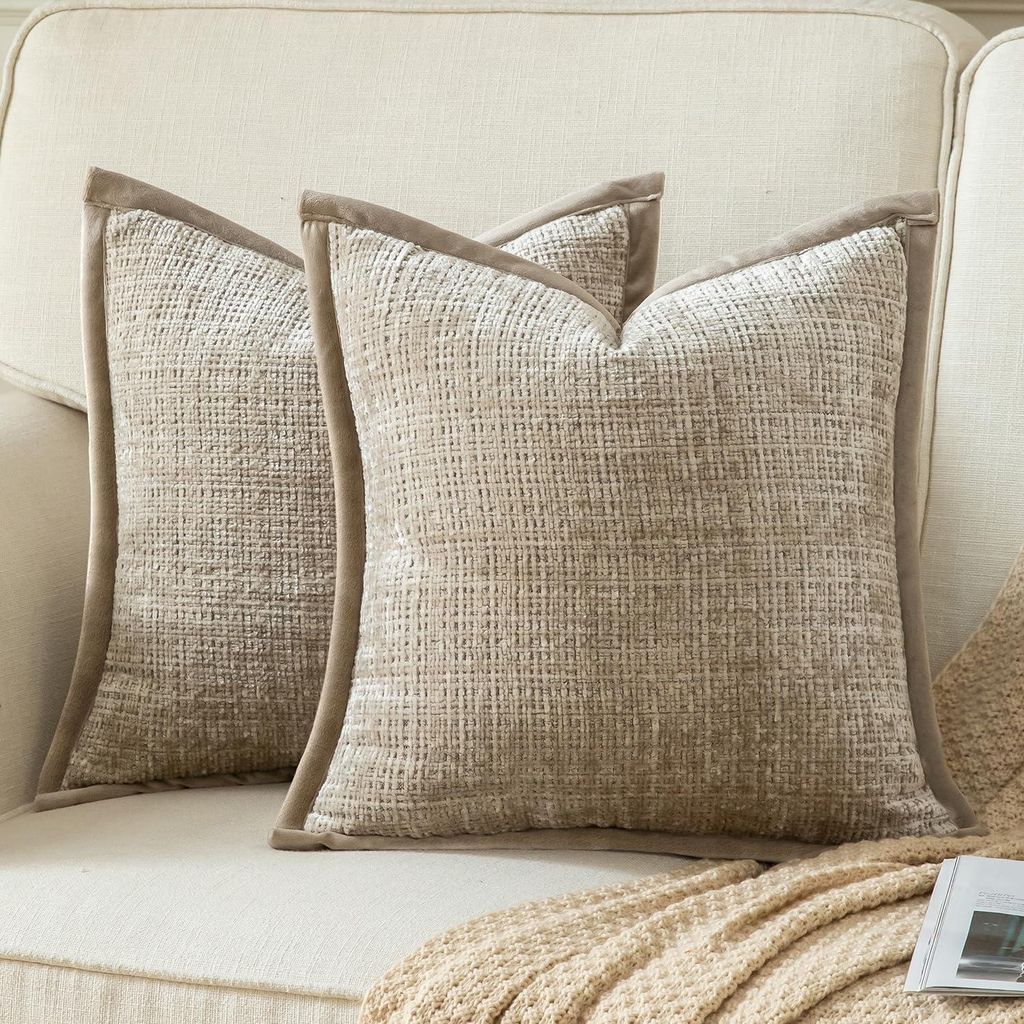 Set mit 2 Kissenbezügen, khaki, 40 x 40 cm, Chenille mit Samtrückseite, für Sofa, Schlafzimmer, Wohnzimmer