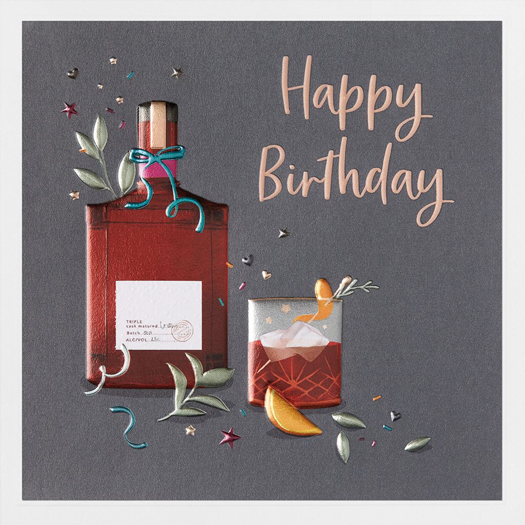 Geburtstag Prisma Collection unverpackte Glückwunschkarte mit Briefumschlag Whiskey Flasche und Glas Happy Birthday