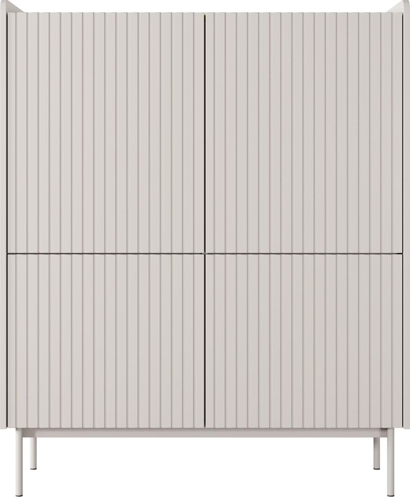 Skandinavisches Highboard mit viel Stauraum – Moderne Kommode 103x126x38 cm – Beige & Eiche Scandi mit Gefräster Front – 4 Push-to-Open Tür...