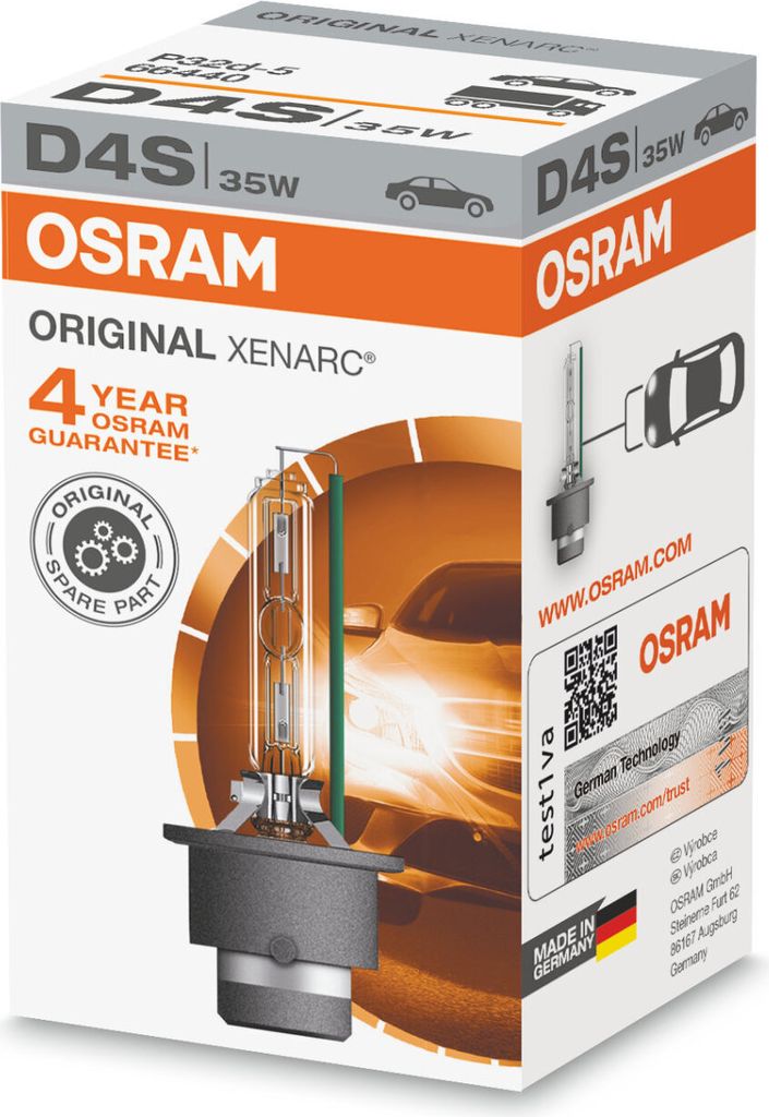 A product box for OSRAM Xenarc Original Xenon D4S headlight bulbs.