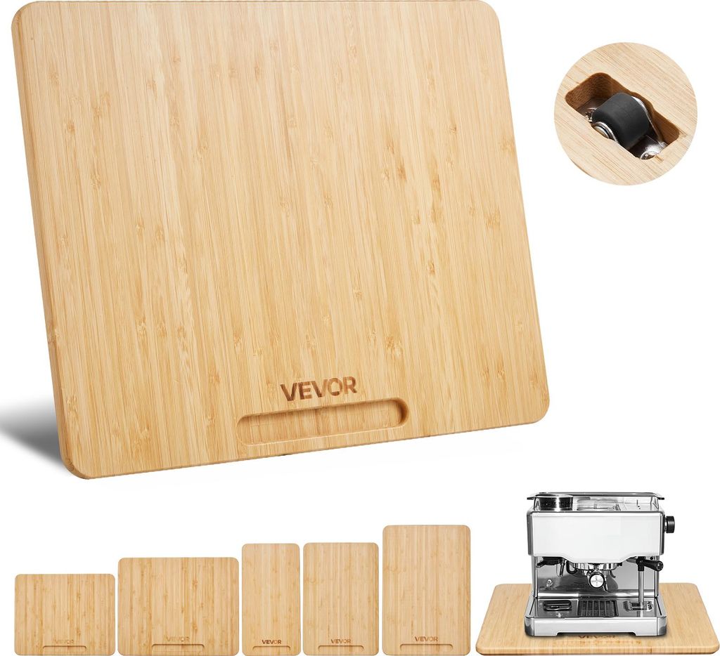 A collage image showcasing a bamboo cutting board with a handle, a close-up of a wheel inset, a coffee machine on a similar board, and several smaller bamboo boards of varying sizes.