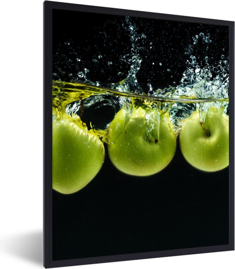MuchoWow Gerahmtes Poster Äpfel - Obst - Wasser - Schwarz - Grün 60x80 cm - Poster mit Schwarzem Bilderrahmen Wandposter Rahmen Foto Bilder - P...