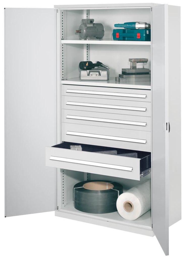 Schwerlastschrank, Vollblechtüren, 2 Fachböden, Schubl. 1x100, 2x125, 2x175, BxTxH 1000x600x1950 mm, RAL 7035