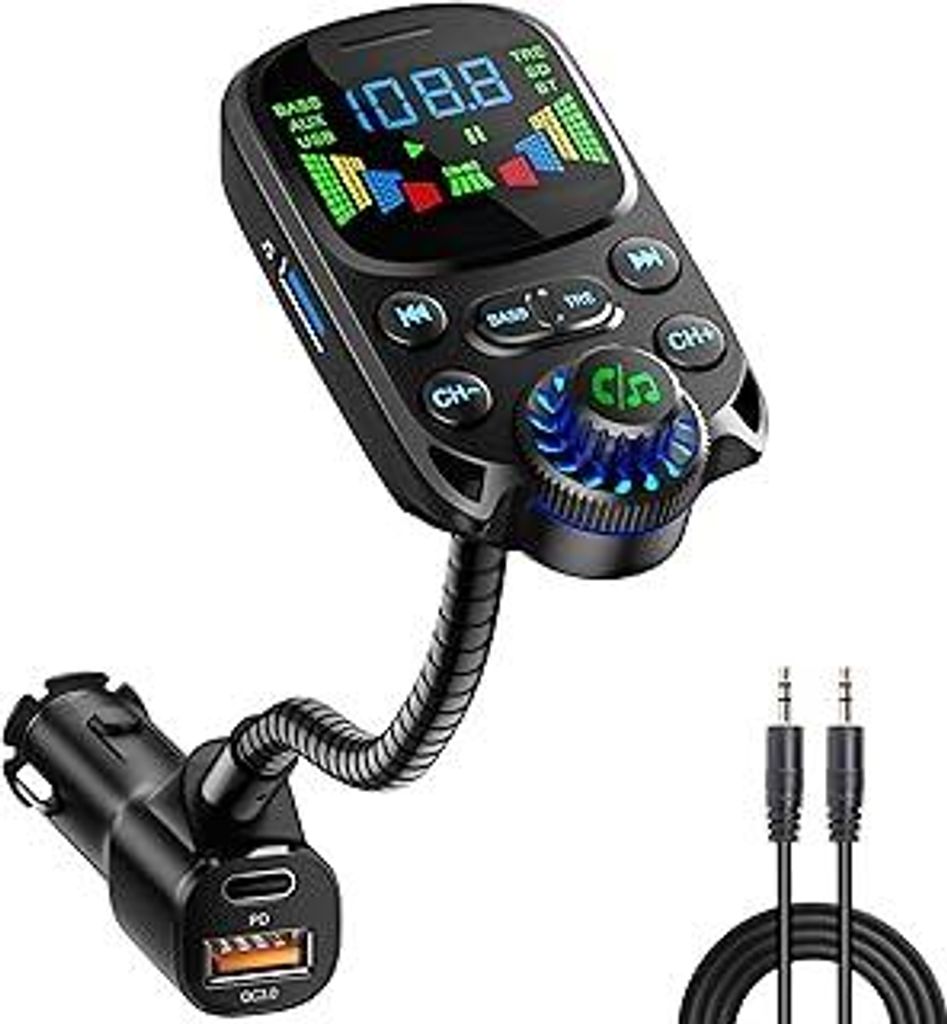 Bluetooth 5.3 FM Transmitter für Auto, SOARUN Bluetooth Adapter Auto QC3.0 & PD3.0 30W Dual USB Ladegerät, Kfz Radio Auto Freisprechanlage mit H...