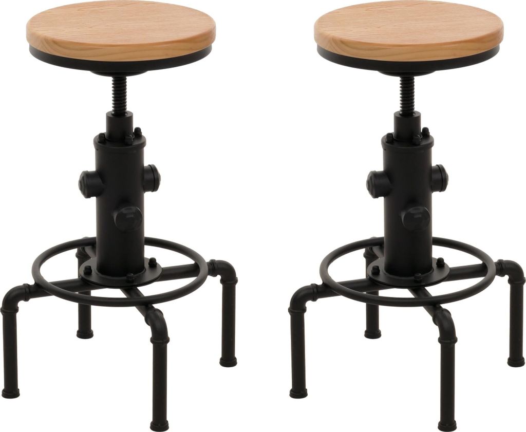 2er-Set Barhocker MCW-N23, Barstuhl Tresenhocker höhenverstellbar drehbar Fußablage Industrial Eisen Massiv-Holz natur