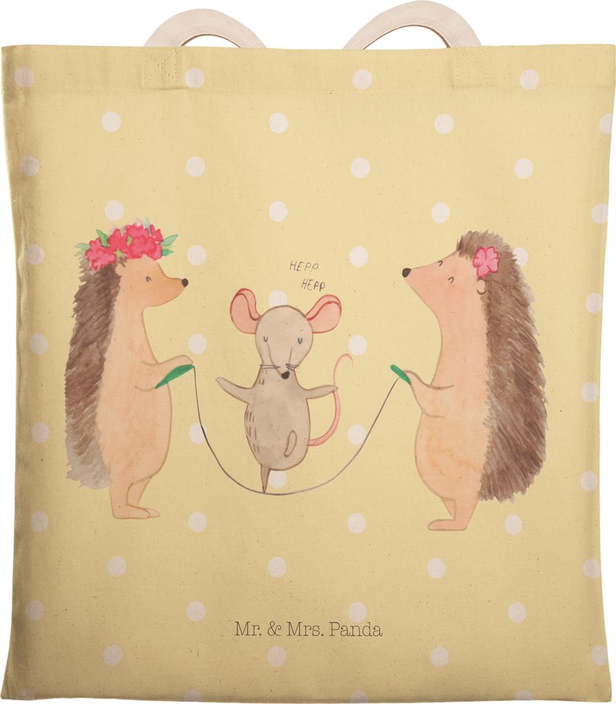 Mr. & Mrs. Panda Tote Bag Igel Seilhüpfen - Gelb Pastell - Geschenk, Maus, Stoffbeutel, Kindergarten, Lustige Sprüche, Kinder, Beutel, shopping, ...