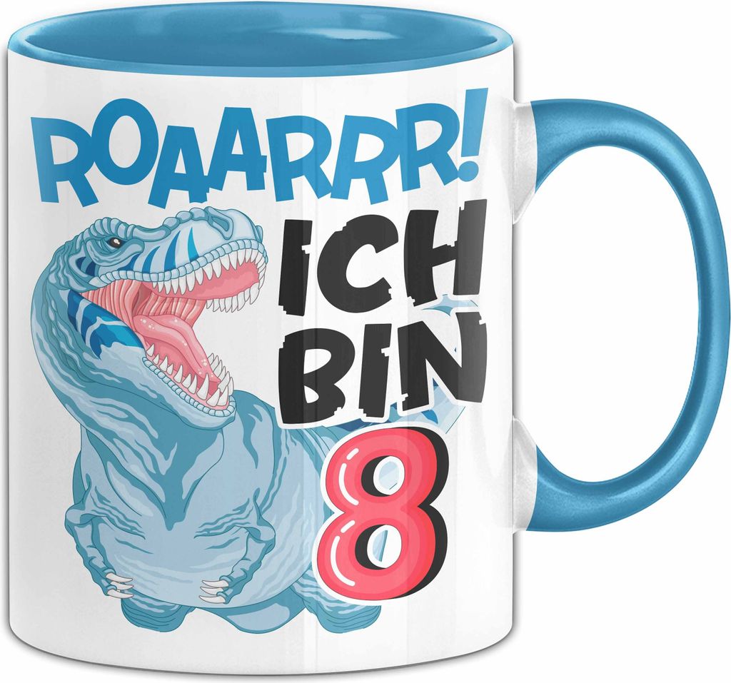 8. Geburtstag Geschenk Tasse Becher Jungs Dino T-Rex Roaarrr Ich Bin 8 (Blau)