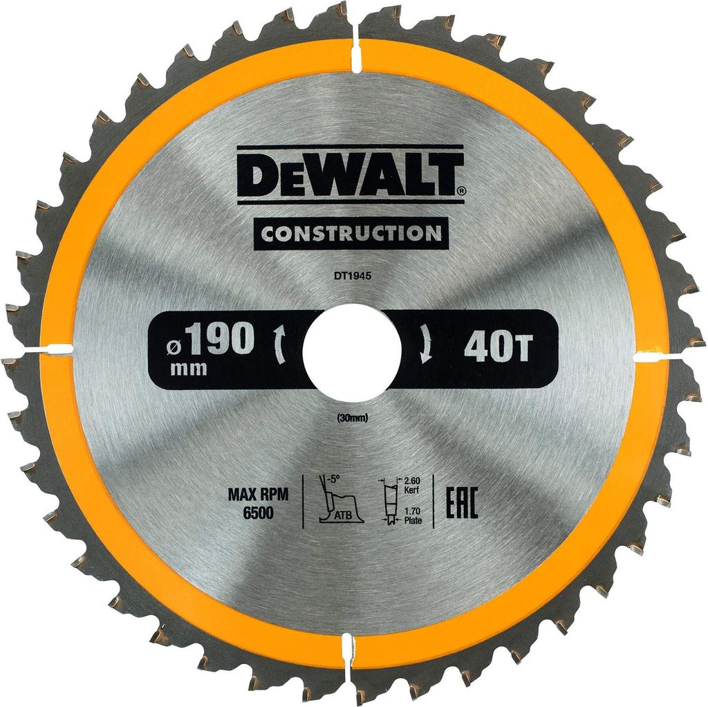 A Dewalt circular saw blade is shown against a white background.