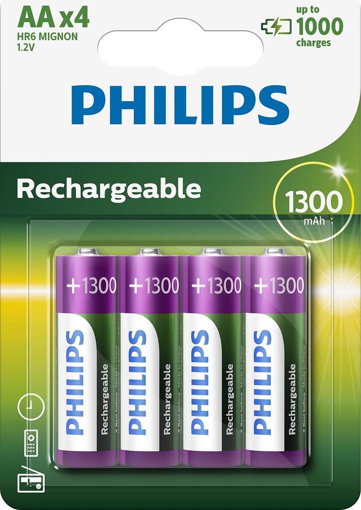 Philips Wiederaufladbare Batterien AA - 4 Stück - NiMH - 1300 mAh - bis zu 1000 Aufladungen