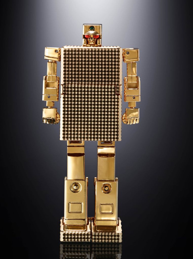 A golden robot figure stands against a dark, gradient background.