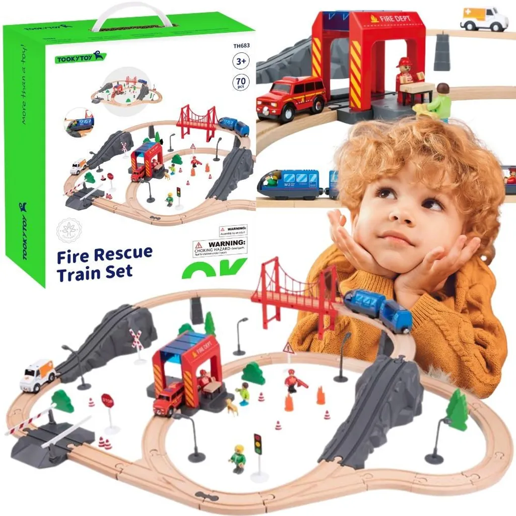 Train Électrique Bois Pompiers Tooky Toy avec Effets Sonores 70 Pcs