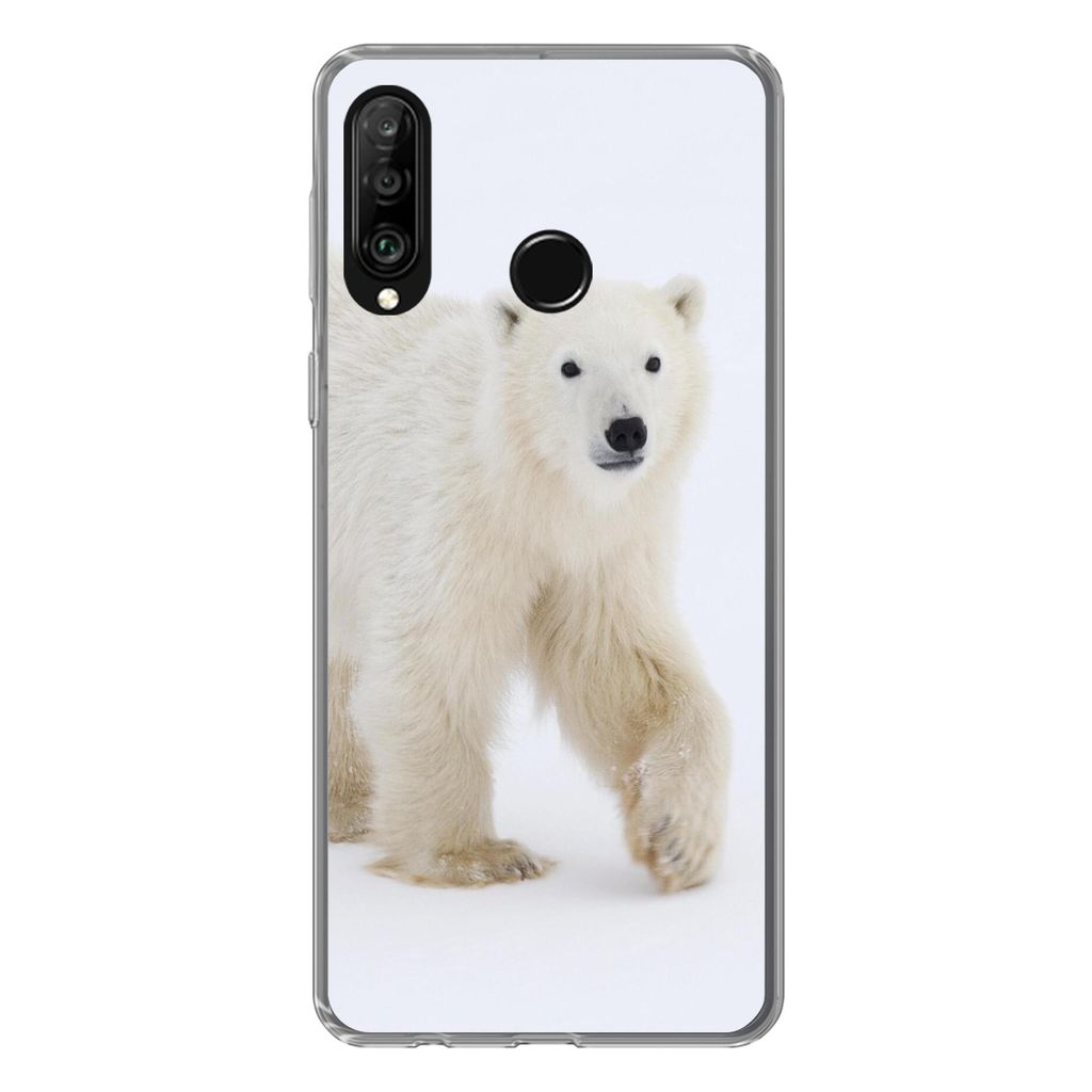 MuchoWow Handyhülle Schutzhülle Hülle für Huawei P30 Lite Eisbär - Schnee - Weiß Silikon Softcase Handy Hülle - Handyhülle