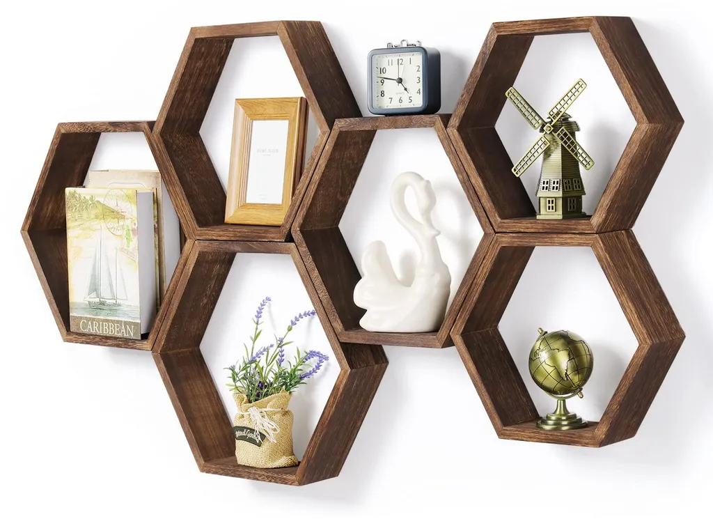 Lot de 6 Étagères Hexagonales en Bois Marron - Décoration Murale Rustique