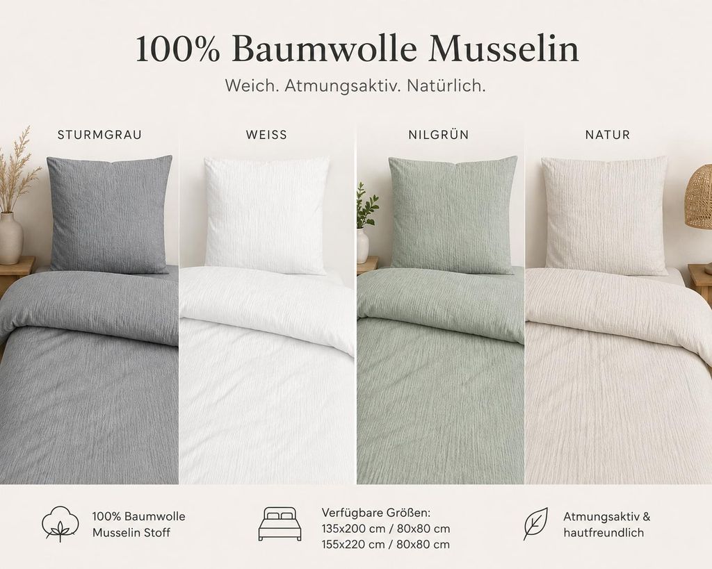Musselin Bettwäsche 135x200 cm Baumwolle Bettbezug mit