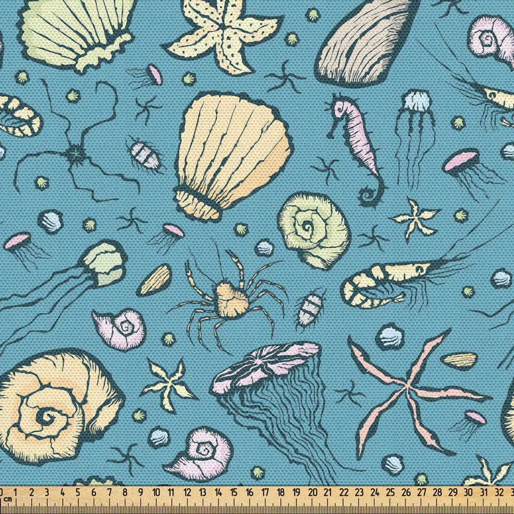 ABAKUHAUS Unter dem Meer Gewebe als Meterware, Sommer-Strand-Thema mit handgezeichneten Muscheln Nautilus Jellyfish Shrimp Shapes, 3 M (148 x 300 c...