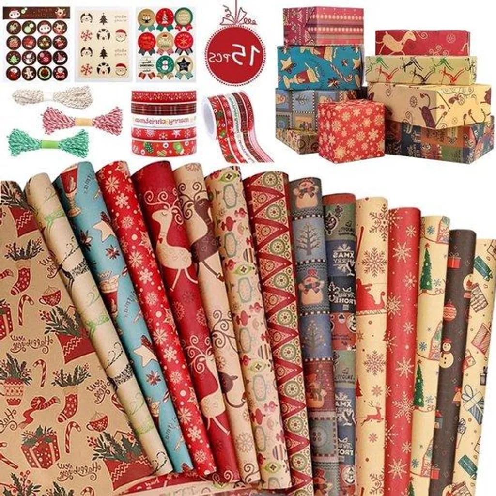 Papier cadeau kraft vintage 70x50 cm recyclable avec 37 étiquettes