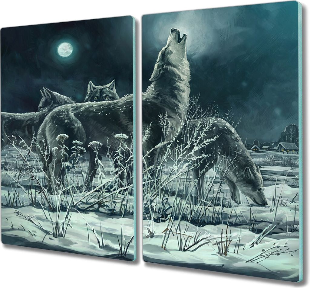 Coloray Kochplattenabdeckung Herdabdeckplatte 2x30x52 cm Hackbrett Schneidebrett Küchenbrett - Malerei Tiere Wölfe