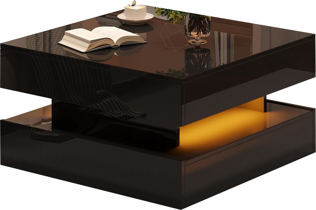 okwish Hochglanz-Couchtisch anhebbarer Beistelltisch mit LED-Lichtleiste,Kaffeetisch mit 2 Schubladen und verstecktem Stauraum,Schwarz
