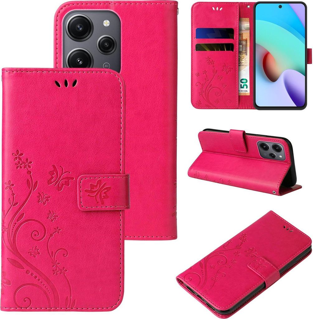 Handyhülle für Xiaomi Redmi 12 Floral Blumen Schmetterling Flip Cover Hülle Case Klapphülle Handytasche Farbe: Pink